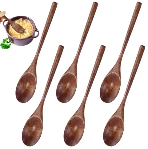 Cucchiaio Di Legno, 6 Pezzi Utensile Da Cucina in Stile Giapponese Manico Lungo Nanmu Cucchiai Di Zuppa Di Legno Set Per Mangiare Mescolando Agitare Cucina Con Scatola