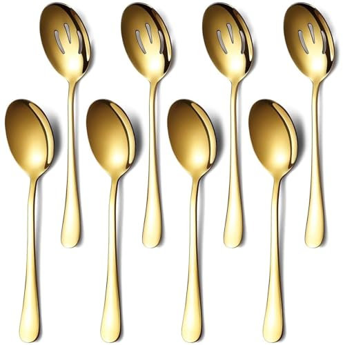 Parthan 8 Pcs Golden Serving Spoons Set, 4 Solid & 4 Slotted, Stainless Steel Utensils for Dining, Buffet & Party Serving