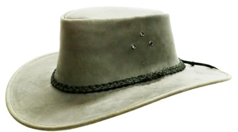 Outbacker Cowboy Outdoor Lederhut mit geflochtenem Hutband in grau und schwarz, Größe S und XXL Farbe grau, Größe XXL | 62-63 cm