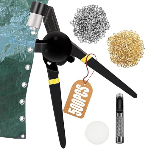 Grommet Tool Kit with 500pcs Grommets Hole,Heavy Duty 3/8 Inch Handheld Eyelet Kit Manual Grommet Press Machine Plier Rivet Press Punching Tool Eyelet Tool Kit for Fabric,Banner,Canvas Leather DIY