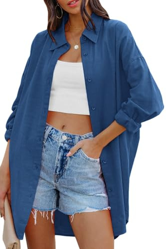 Cicy Bell Chemisier surdimensionné à manches longues pour femme - En coton - Décontracté - Couleur unie - Pour l'automne - Décontracté - Avec poches