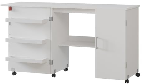 Vicco Sewing table Carmen, White, 148 x 75 cm with 3 shelves and cupboard, foldable on casters for flexible use as a work table