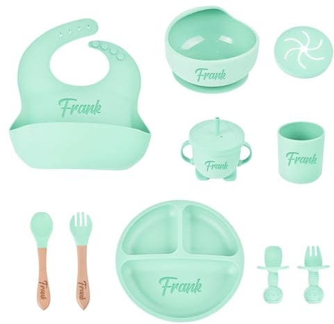 Set Alimentazione Bambino in Silicone Personalizzato con Nome Inciso Kit Svezzamento Autonomo (BLW) Bavaglino, Bicchiere, Piatto Divisorio, Ciotola, Cucchiaio, Forchetta | Stoviglie Neonati e Bambini