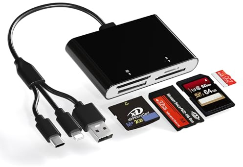 Lettore di schede Memory Stick Pro Duo, lettore di schede 4 in 1 SD/TF/MS/XD con Lightning+USB A+USB C, lettore multi-scheda con supporto OTG, trasferimento dati veloce