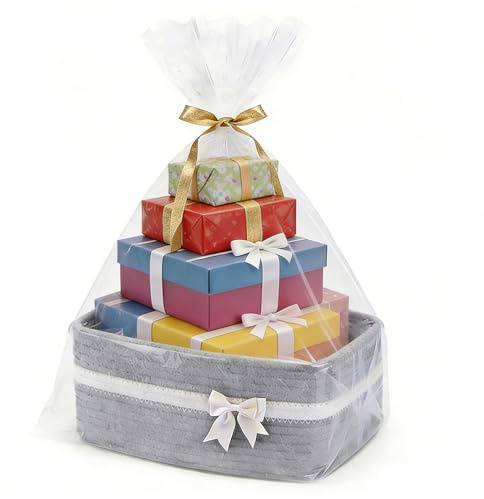 Umllpet Cesto regalo vuoto, cestino intrecciato, con sacchetti regalo e nastri, in cotone per asciugamani, per compleanno, matrimonio, Pasqua (grigio)