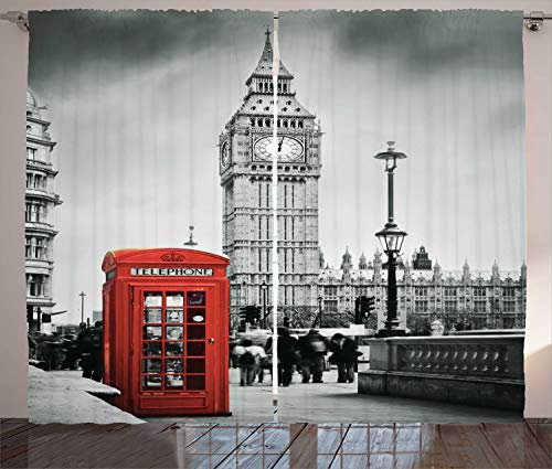 ABAKUHAUS London Rustikaler Gardine, Telefonzelle Big Ben, Schlafzimmer Kräuselband Vorhang mit Schlaufen und Haken, 280 x 245 cm, Rotes Grau