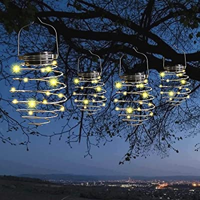 Garden Mile 4x Solar LED Spiral Lights Lighting for Outdoors Set of 4 Hanging Lanterns for Garden Warm White Lights Hanging Copper Spiral Lights Autumn Outdoor Decorating