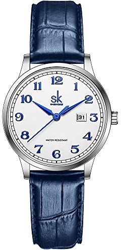 SHENGKE SK Business Klassische Damenuhr mit echtem Leder und Edelstahlband, Elegante Damenuhr Arabisches Leder