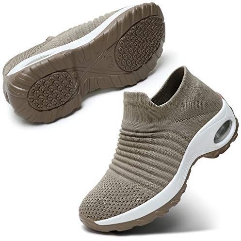 STQ Trainers Women Casual Walking Shoe with Memory Foam Taupe UK 6.5