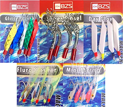BZS Mackerel Feathers Sea Fishing Rigs – 5 Pack Mixed Colours – Ready to Use Multi Hook Setup for Catching Mackerel UK