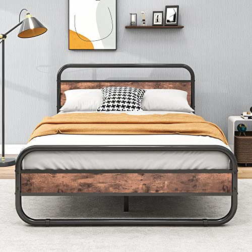 HOMERECOMMEND Double Size Bed Frame with Headboard,135x190 cm,Brown