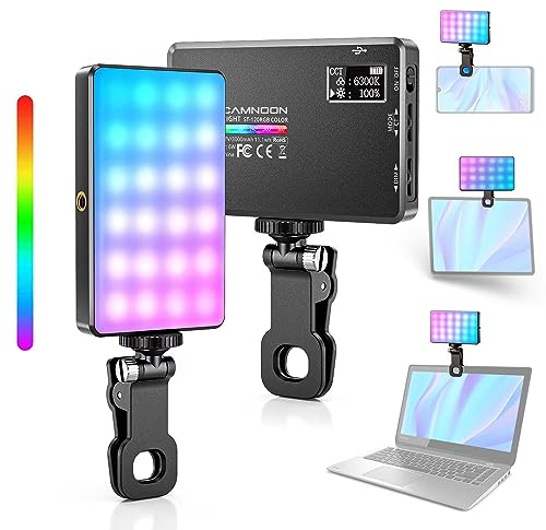 Videoleuchte LED mit Clip, Camnoon Selfie Streaming Licht mit 120 LED Perlen 1000Lux, 2500K-9000K, 20 Szenenlichteffekte, 117G Tragbare Fotolicht für Outdoor Mobile, TikTok-Videodreh, Handy/Laptop