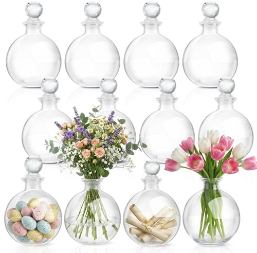 Tessco for you 12 Pcs 8.5 oz Glass Potion Bottles with Cork, Round Spherical Apothecary & Decorative Bottles for Candy, Spices, Vanilla Extract, Wish Messages, Snow Globe & DIY Crafts (Stylish)