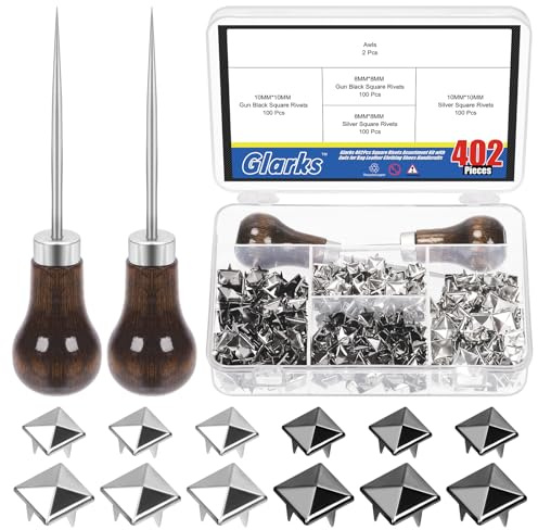 Glarks 402Pcs 10mm 8mm Square Rivets Set Gun Black and Sliver Four-Jaw Rivets Square Pyramid Studs with 2Pcs Straight Tipped Scratch Awl for Handicraft DIY Punk Spikes Spots Studs Accessories