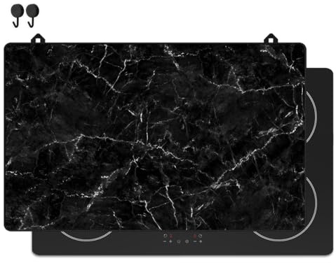 KitchyMist Protège Plaque Induction Marbre Noir et Blanc - 83x52 cm - Déco cuisine - Protection pour plan de travail - Cuisson protégée - Fond de hotte de cuisine