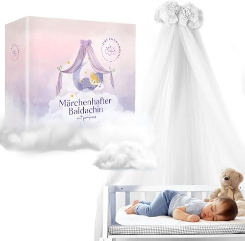 DREAMYBAMBINI Märchenhafter Betthimmel für Babybett, Prinzessin Babywiege, Beistellbett Baby, Moskitonetz, Babyzimmer Deko, Baldachin Kinderzimmer 170x960 cm (Wolken-Weiß)