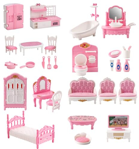 Dhqkqg Dolls House Furniture, 32 Pcs Minihouse Furniture Set, Realistic Plastic Dollhouse Miniatures Includes Kitchen, Bedroom, Bathroom and Living Room DIY Kit, Dolls House Accessories, for Kids