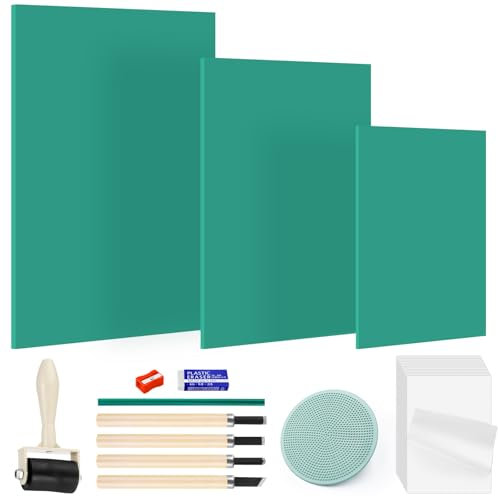 Sheryl&Rain 27 Stück Linoleum Platten Linoldruck Set, Stempelgummi Linolschnitt mit 15 Stück Reispapier für Anfänger, Weichgummi Linoldruck Platte (A4+A5+A6) für Kunstkreation und Stempelschnitzerei