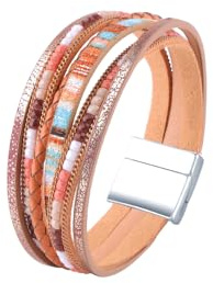 Viwind Lederarmband Damen Boho Multilayer Leder Wrap Armbänder 19 cm Korn Perlen Wickelarmband Geflochtenes Lederarmband Magnetverschluss (orange Farbe)