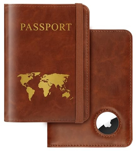 Passport Holder Travel Women Men, Passport Wallet with Airtag Slot, Brown
