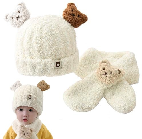 2Pcs Baby Hat Scarf Set, Newborn Baby Winter Hat and Scarf Set Cute Double Pom Pom Hat with Bear, Soft Comfortable Plush, for 0-24 Months Boys Girls (White)