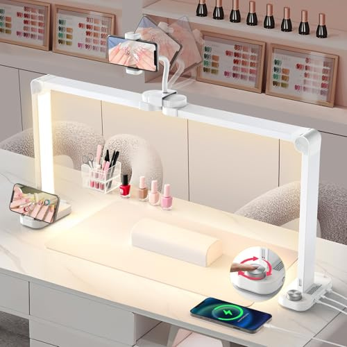 Adonafy Mezza Luna Lampada per Nghie: 34 LED a Mezzaluna per Chiodatrici con Supporto per Cellulare, 3 Modalità di Colore e 10 Livelli di Luminosità Lampada da Tavolo per Manicure(Bianco)