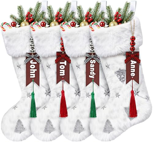 gyoyede 4 Pack Christmas Tree Stockings - White Large Plush Hanging Glitter Christmas Tree Xmas Stockings with DIY Name Tags Bows Tassels for Christmas Fireplace Personalized Decorations Socks