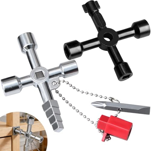 2 chiavi universali per quadri elettrici - Chiavi a croce a 4 vie per riscaldamento, contatori elettrici, gas e acqua, Chiavi quadrate e triangolari per spurgo impianto di riscaldamento (argento/nero)