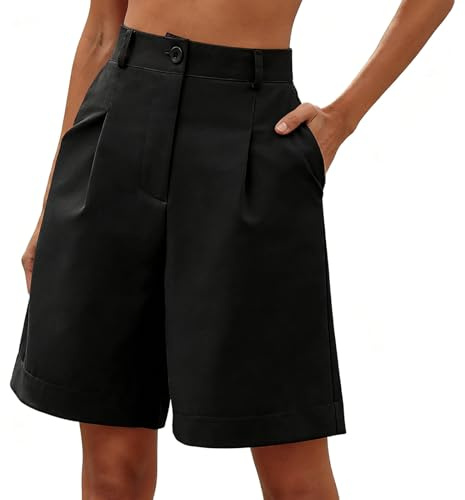 InfiniZer Women's Shorts Ladies Black Cargo Hiking Shorts with Pockets Tailored High Waist Shorts for Women UK Breathable Wide Leg Bermuda Shorts Casual Work (UK, Alpha, XL, Regular, Regular, Black)
