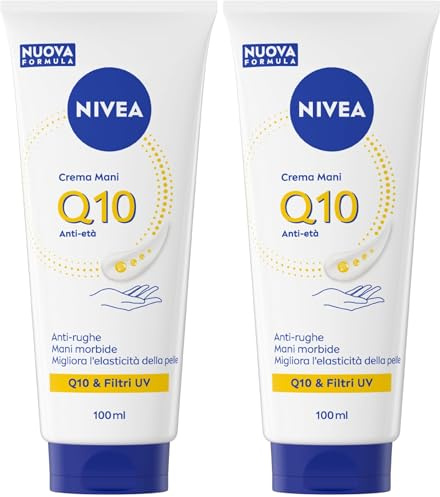 NIVEA Q10 Crema Mani Anti-Età 100 ml, Crema mani antiage e idratante 48h, Hand cream antirughe con Coenzima Q10 e Filtri UV, Migliora l'elasticità, Assorbimento rapido, Per tutti i tipi di pelle