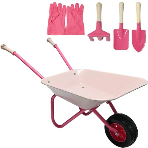 Unibos | Pink Kids Wheelbarrow Gardening Set, Children's Metal Wheelbarrow With Gardening Gloves, Hand Trowel, Hand Rake & Scoop Shovel, Puncture Resistant Tyre, Outdoor Toys For Children (Pink)