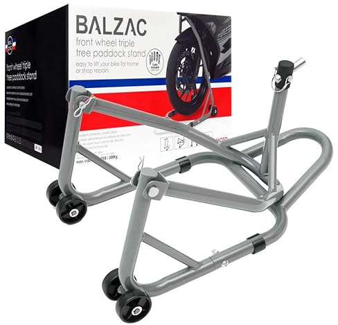 BALZAC Cavalletto alza moto anteriore per cannotto di sterzo dotato di 4 ruote per garantire maggiore stabilità