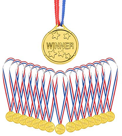 AUERVO 50 Pieces Gold Plastic Winner Medals Kids Children's Party Award Medals with Neck Ribbons for Kids Sports Prizes Party Favors