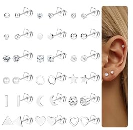 Milacolato 18Pairs Stainless Steel Stud Earrings for Women Small Stud Earring Set Multiple Geometric Tiny Ball Star Heart Pearl Piercing Ear Studs Cubic Zirconia Earrings for Girls