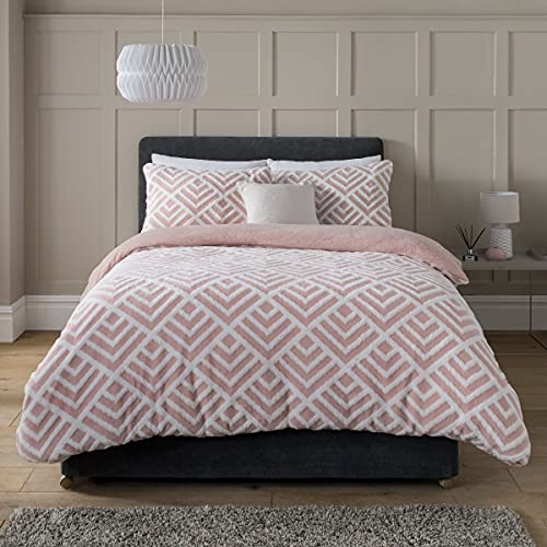 Sleepdown Geo Jacquard Fleece Thermal Warm Cosy Super Soft Duvet Cover Quilt Bedding Set with Pillow Cases - Blush Pink White - King (220 cm x 230 cm)