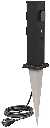 ledscom.de Colonna di presa da giardino Polly nera con picchetto a terra e cavo da 2 m per esterni, a 3 vie, Smart Home, acciaio inox, quadrata, 38 cm