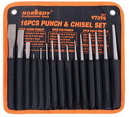 HORUSDY 16-Piece Punch and Chisel Set, Including Taper Punch, Cold Chisels, Pin Punch, Center Punch