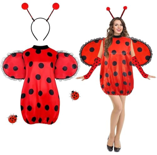 Aurasky Costume de Coccinelle pour Adulte, Dimensions-M Coccinelle Rouge Deguisement Fille Femme avec Serre-tête, Cosplay Costumes Coccinelle Cadeau Halloween Carnaval
