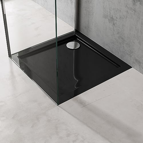 doporro Plato de ducha para mamparas de ducha Faro1W 80x80x4 plano acrílico en negro Conexiones DIN cuadradas aptas para instalación a ras de suelo Faro1