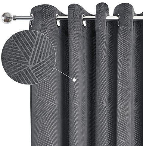 Emma Barclay Midnight - Embossed Velvet Woven Thermal Blackout Eyelet Curtains (Charcoal, Width 46 x Drop 72 (116 x 183cm))