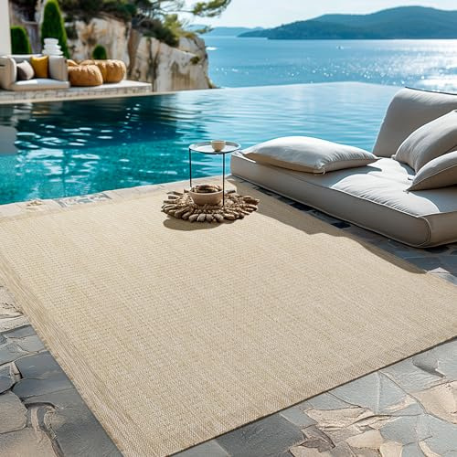 HomebyHome Alfombra Interior Exterior 280x370 cm Beige Lisa Lavable Impermeable Tejido Plano para estancias Grandes terraza jardín salón Cocina