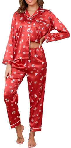 Reliwel Women's Pyjama Sets Silk Satin Long Sleeve Button Down Ladies Pyjamas two Piece Silk Pjs for Women Sets Sleepwear Loungewear Nightwear for Spring Summer,Christmas red,L