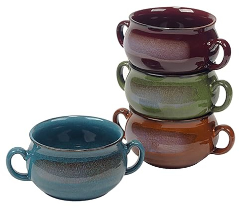 Stoneware 24oz Reactive Glaze Soup Crocks Set of 4: Perfect for soups, stews, and casseroles. Unique reactive glaze, oven-safe, microwave- and dishwasher-friendly with easy-grip handles for serving.