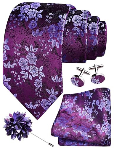 Gusleson Mens Purple Tie for Wedding Silk Lavender Floral Necktie Pocket Square Cufflinks and Lapel Pin Brooch Set (UK6107-32)