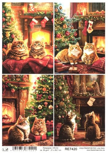 Josys Bastelmärchen Reispapier DIN A4 Strohseide Decoupage Weihnachten Katzen vor Kamin RE7420
