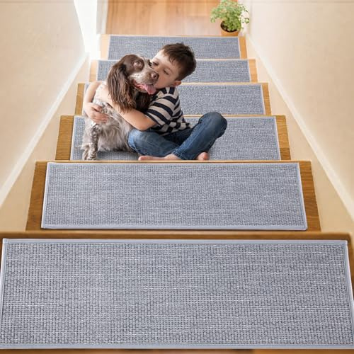 YISUN Linnesluten trappsteg mattor 15 st, avtagbara och tvättbara stegmattor, självhäftande baksida, 65 x 20 cm, tyst halkfri trappmatta för trappor, kök, sovrum, badrum