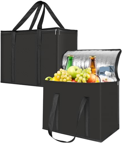 Esilihom 2 Pack Cooler Bag with Base, 35L Large Insulated Thermal Bag for Hot & Cold Food, Reusable Grocery Tote with Zipper, Pizza Delivery/Picnic/Camping/Men/Women