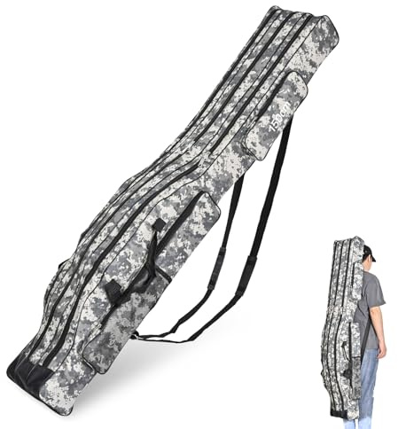 LEOFISHING Portable 3 Layers Fishing Pole Bag Durable Oxford Folding Fishing Rod Reel Carry Case Tackle Storage Bag Case Waterproof Camouflage Travel Fishing Carrier (Grey Camouflage, 120cm/47in)