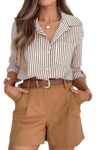 Women Shirts and Blouses Striped Button Down Shirts Casual Long Sleeve Lapel Neck Tops Ladies Elegant Office Work Tunic Blouses UK 01-Khaki M