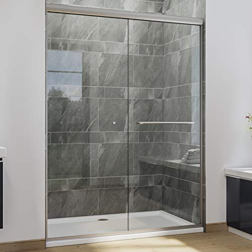 SUNNY SHOWER Semi-Frameless Shower Doors 1/4 (6mm) Glass Sliding Shower Enclosure 54 W x 72 H Shower Glass Door Brushed Nickel Finish